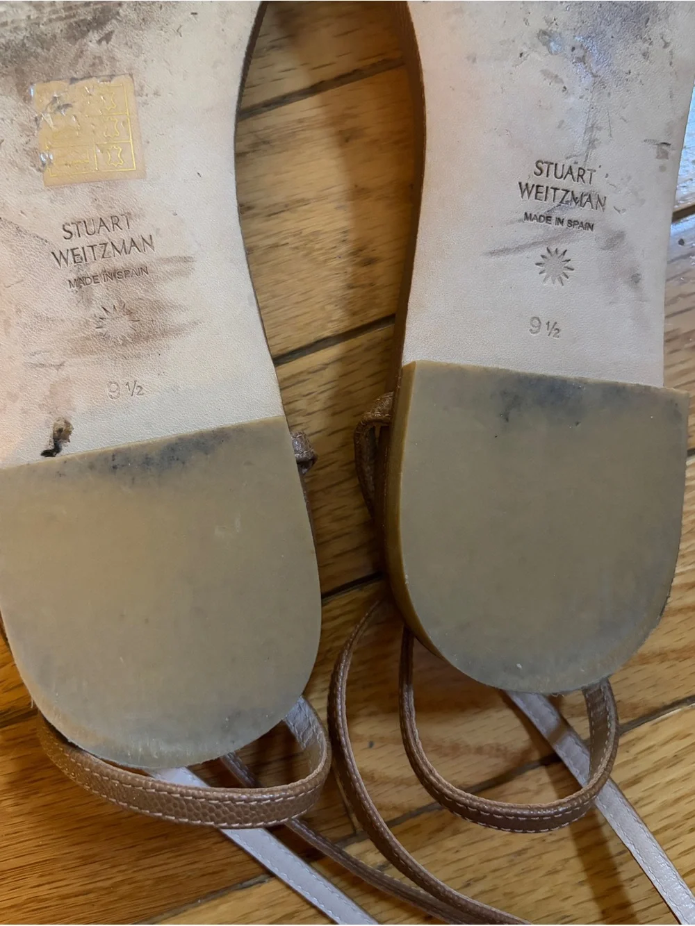 Stuart Weitzman Ankle Wrap Flat Leather Sandals in Camel size 9.5 women’s